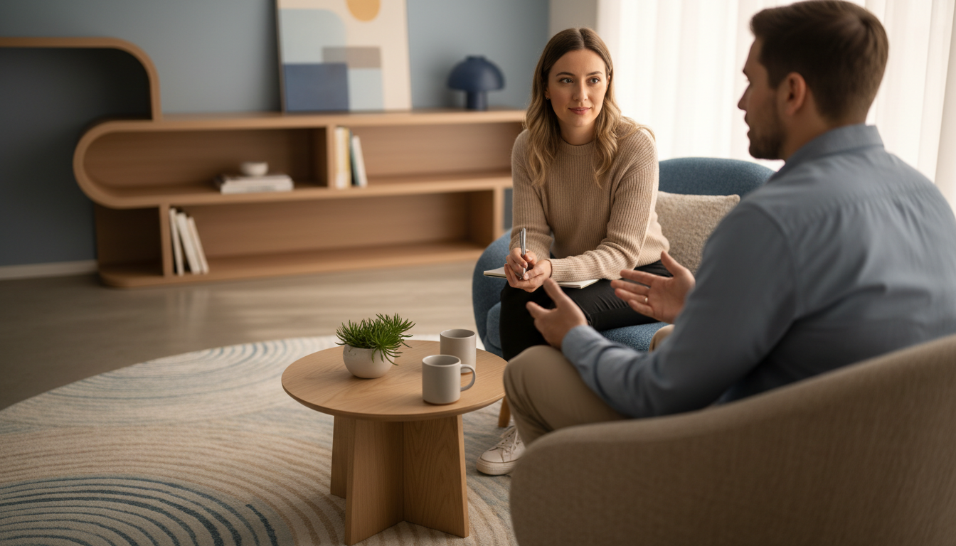 Une thérapeute avec un patient, cadré de plus près en focus, ambiance chaleureuse, bleu et beige, style cocoon, pour illustrer un cabinet de psychologie moderne.
