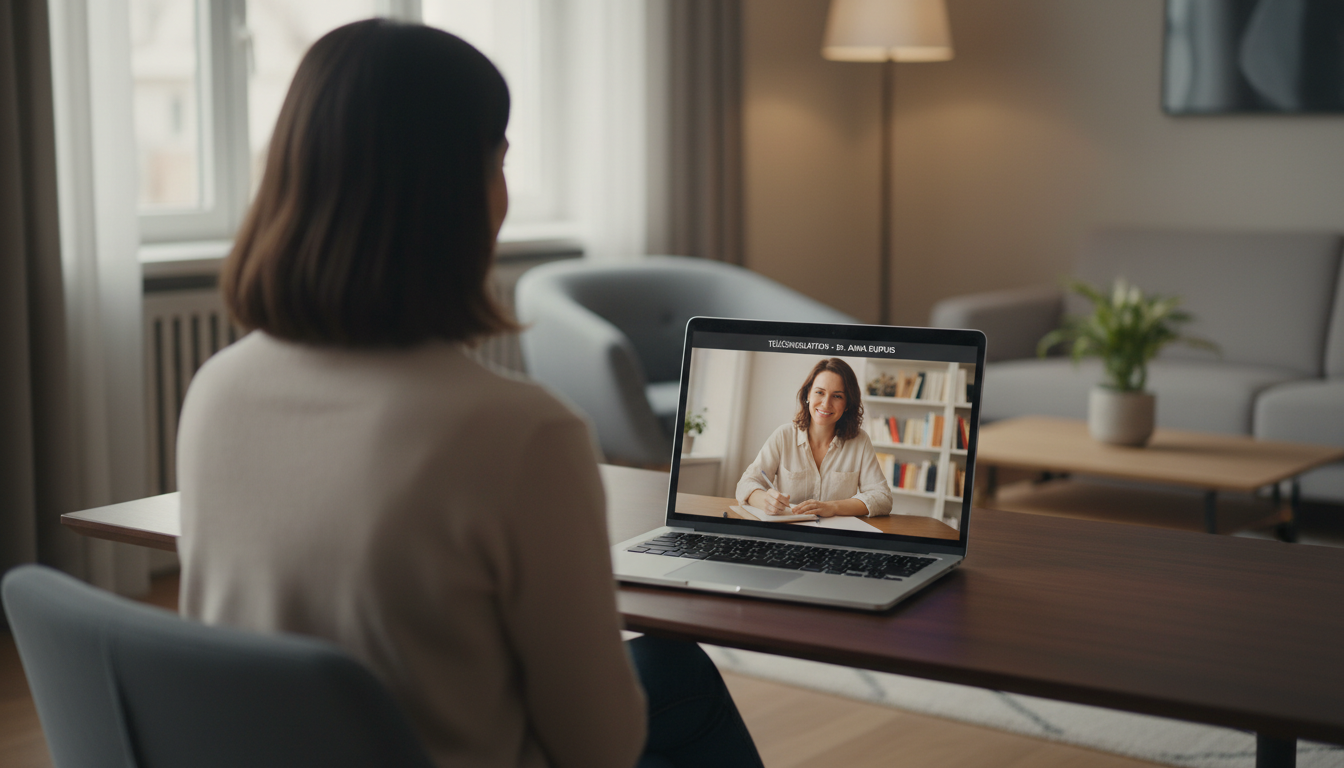 Un patient vu de dos, assis devant un ordinateur portable, en téléconsultation avec une psychologue à l'écran prenant des notes, le tout dans un cabinet professionnel ressemblant à celui de la photo du suivi individuel (cabinet moderne et épuré, ambiance chaleureuse). Image réaliste, professionnelle, orientation paysage.
