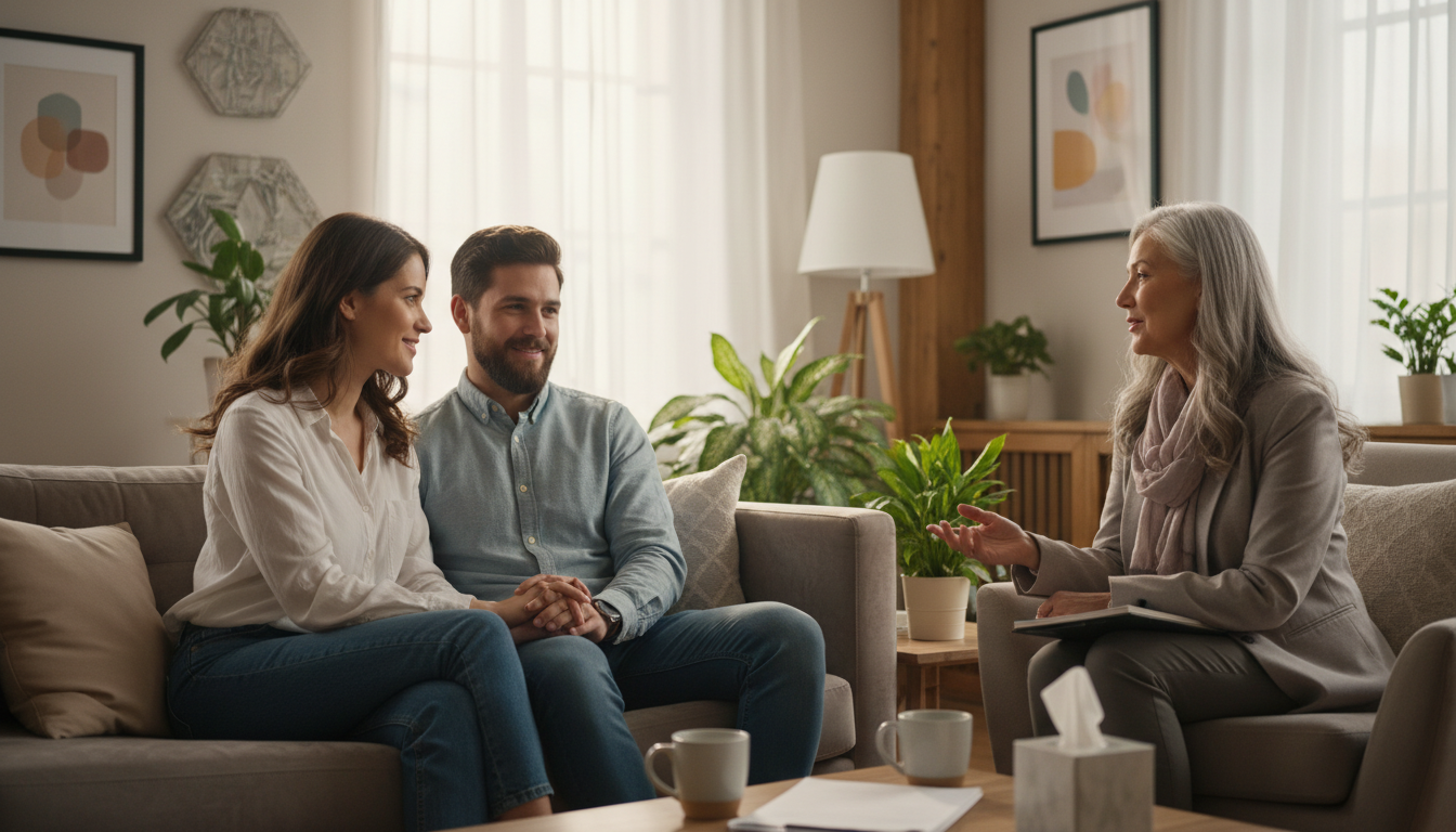 Un couple en séance de thérapie accompagné par une psychologue, dans un cadre professionnel et chaleureux, illustrant le soutien et la communication pendant la thérapie de couple.