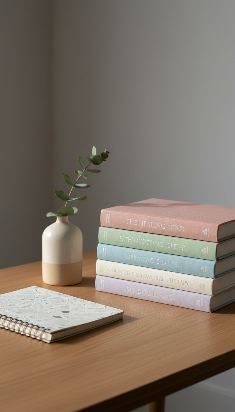 A meticulously arranged stack of hardcover therapy books with linen-textured, muted pastel covers and silver-embossed titles, placed on a graceful wooden desk finished in soft, matte oak. The setting includes a simple ceramic vase holding a single eucalyptus branch, next to a delicately patterned notebook. Subtle, overcast afternoon light illuminates the scene from the side, producing soft highlights and seamless gradients across the surfaces while maintaining gentle shadows that add depth. The visual composition uses a subtle rule of thirds, focusing attention on the harmonious arrangement without clutter. The mood exudes intellectual elegance and trustworthiness, executed in a photographic minimalist style—ideal for a psychologist’s professional business page.