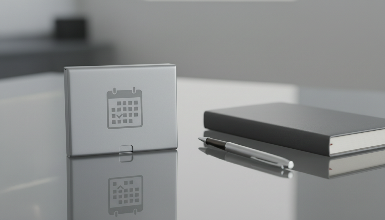 A sealed, matte silver appointment card holder engraved with a minimalist calendar icon, resting neatly beside a slim, charcoal-gray leather-bound planner atop a sleek glass desk. A delicate pen with brushed metal detailing lies adjacent. Ambient, soft studio lighting bathes the setup, casting quiet shadows and creating subtle, elegant transitions in tone across surfaces. The composition is tightly cropped with leading lines pointing toward the appointment holder, promoting focus and efficiency. The mood is quietly confident and ultra-professional, with a photographic style that embraces tailored simplicity—referencing the site's emphasis on organized, accessible care and digital scheduling.