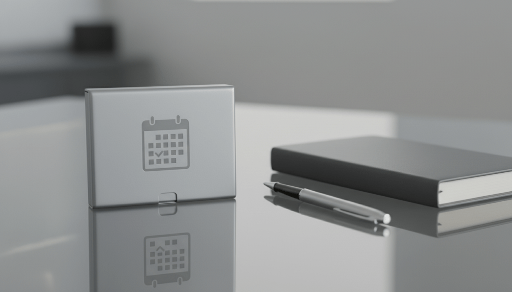 A sealed, matte silver appointment card holder engraved with a minimalist calendar icon, resting neatly beside a slim, charcoal-gray leather-bound planner atop a sleek glass desk. A delicate pen with brushed metal detailing lies adjacent. Ambient, soft studio lighting bathes the setup, casting quiet shadows and creating subtle, elegant transitions in tone across surfaces. The composition is tightly cropped with leading lines pointing toward the appointment holder, promoting focus and efficiency. The mood is quietly confident and ultra-professional, with a photographic style that embraces tailored simplicity—referencing the site's emphasis on organized, accessible care and digital scheduling.